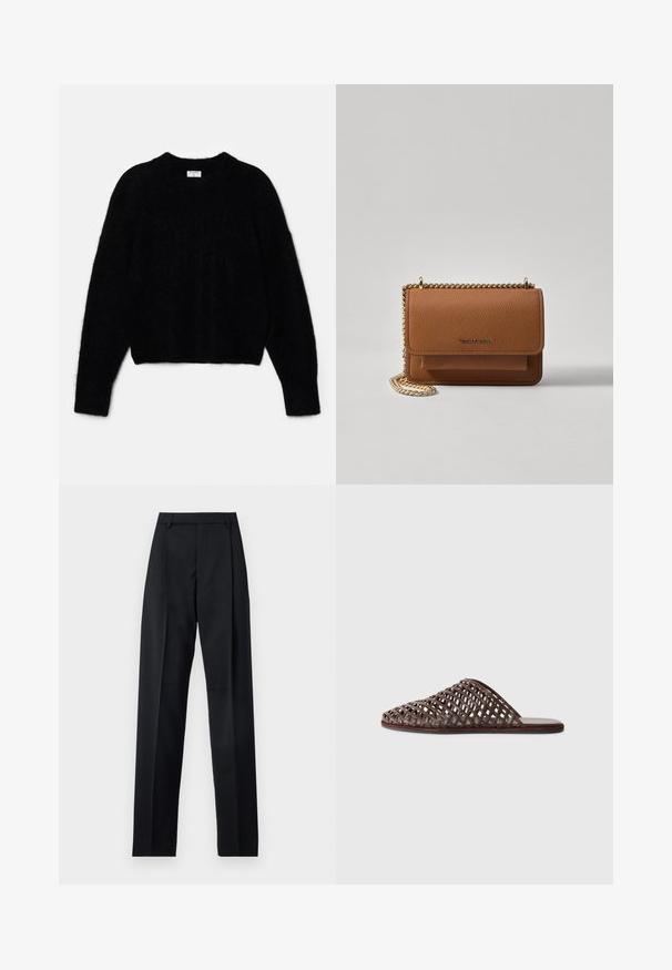 Pull court noir en matériau moelleux. Présente un col rond et des manches longues avec une texture douce. Design minimal, sans motifs.; Pantalon noir en tissu lisse avec taille haute, jambes larges, plis à l'avant et passants de ceinture classiques. Pas de poches latérales visibles.; Sandale glissière tissée marron avec une pointe arrondie, un design ouvert, une semelle plate et une surface texturée. Matériau léger et silhouette minimaliste.; Sac en cuir texturé marron en bandoulière avec une sangle en chaîne dorée et une fermeture à rabat. L'avant présente un détail de logo et une poche sous le rabat.
