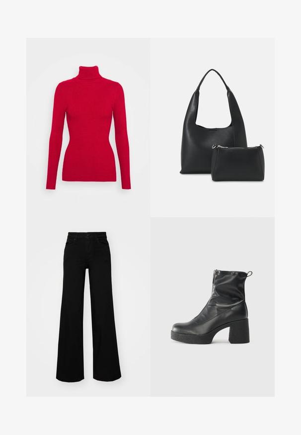 Roter, gerippter Rollkragenpullover mit langen Ärmeln, strukturiertem Stoff, figurbetonendem Schnitt und hohem Kragen. Keine sichtbaren Verzierungen.; Schwarze weit geschnittene Hose aus Denim, mit einem strukturierten Bund, Gürtelschlaufen und Fronttaschen. Glatte Textur mit klassischem Design.; Schwarze Stiefeletten aus glattem Leder mit seitlichem Reißverschluss, klobigem strukturiertem Absatz und runder Zehenform.; Even&Odd Handtasche - black