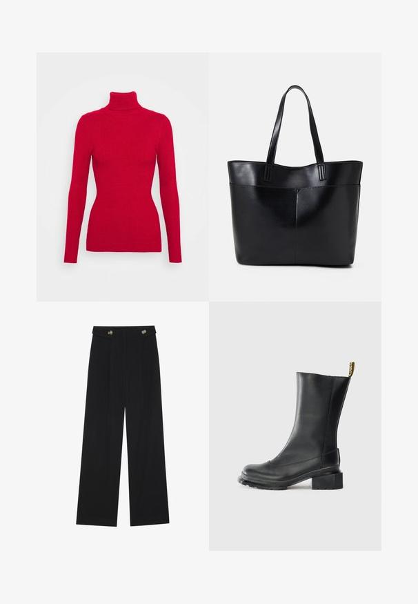 Red ribbed turtleneck sweater with long sleeves, textured fabric, fitted silhouette, and high collar. No visible embellishments.; Black wide-leg trousers with high waist, button details on waistband, and front pleats.; Black leather ankle boot with a block heel, smooth texture, rounded toe, and a heel tab featuring yellow branding.; Black leather tote bag with two long handles, a smooth texture, and a structured shape. Features a front pocket for additional storage.