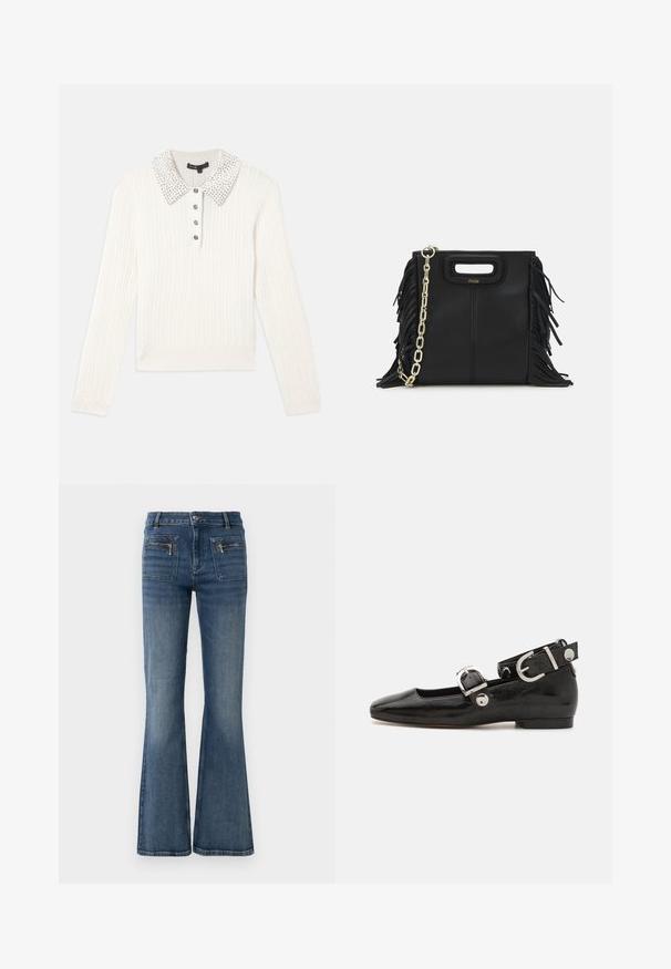 White cable knit long sleeve sweater with pearl-studded collar and four black decorative buttons on the front placket.; Flared blue denim jeans with a mid-rise waist, featuring front and back pockets and a subtle faded wash.; Black patent leather flat shoe with a squared toe, ankle strap featuring silver hardware, and flat sole. Smooth texture with minimalist design.; Black leather handbag with fringe details, gold chain shoulder strap, and a cut-out handle. Features logo placement on the front.