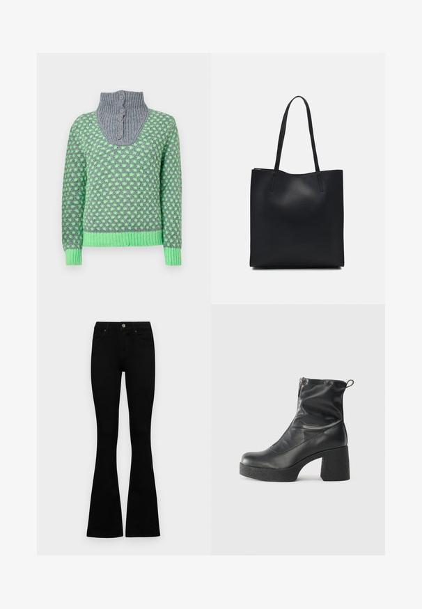 Strikket genser med grått ribbestrikket krage med fem knapper, grønt geometrisk mønster og grønne ribbestrikkede mansjetter og kant.; Sorte høytlivsjeans med knapp og glidelås, frontlommer og utsvingte bein liggende flatt på en hvit bakgrunn.; Svarte ankelstøvler laget av glatt lær, med glidelås på siden, chunky strukturert hæl, og rund tå-design.; Svart lær tote bag med glatt tekstur, rektangulær form og to lange håndtak. Ingen synlige deler eller dekorasjoner.