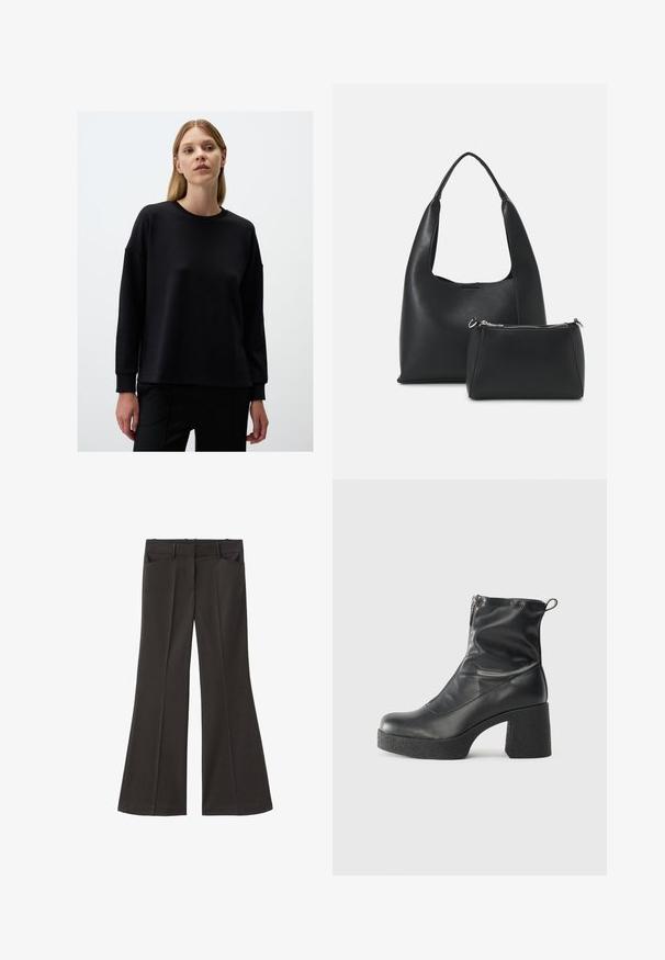 Czarny sweter z długimi rękawami, prążkowany dekolt, luźny krój, miękka tekstura i minimalistyczny design. Noszony z czarnymi spodniami.; Czarne spodnie z szerokimi nogawkami i wysokim stanem; posiadają dwie przednie kieszenie oraz gładką teksturę materiału. Idealne na różne okazje.; Czarne botki za kostkę wykonane z gładkiej skóry, wyposażone w boczny zamek błyskawiczny, masywny teksturowany obcas oraz zaokrąglony czubek.; Even&Odd - Torebka