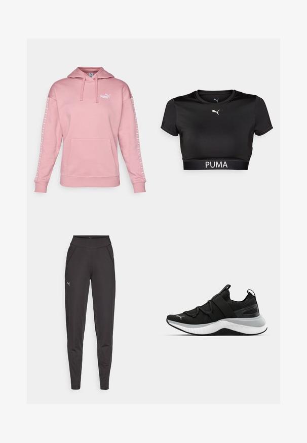 Rosa hettegenser laget av myk vinklet, med kengurulomme, snorhette, og hvit Puma-logo på brystet og ermene.; Svart cropped t-skjorte laget av glatt stoff, med rund hals, korte ermer, og et hvitt PUMA-logo på båndet.; Sorte athletic leggings laget av elastisk materiale, med høy midje, sidelommer og en liten reflekslogo på venstre lår.; Sorte treningssko med en teksturert overdel, elastiske stropper og en tykk hvit mellomsåle. Har en grå aksent langs sålen.