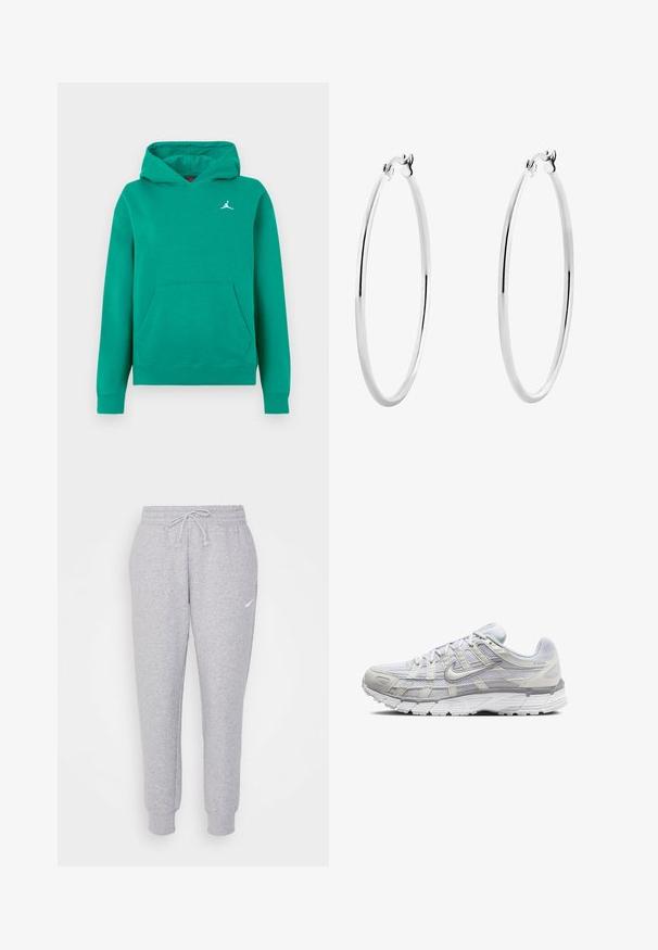 Zielona bluza z kapturem, wykonana z miękkiego materiału, z kieszenią kangurzą i ściągaczami na rękawach. Mały biały logo Jumpman na piersi. Klasyczny, luźny krój.; Jasnoszare dresy z regulowanym pasem, zwężanymi nogawkami i małym białym logo na lewej udzie. Wykonane z miękkiego, teksturowanego materiału.; Jasnoszare buty sportowe z siateczkowym i syntetycznym wierzchem, wyposażone w sznurowanie, wyściełany kołnierz oraz teksturowaną podeszwę zapewniającą przyczepność.; Srebrne kolczyki w formie obręczy z gładką, polerowaną powierzchnią i cienkim, okrągłym kształtem. Wzór posiada pewne zapięcie.