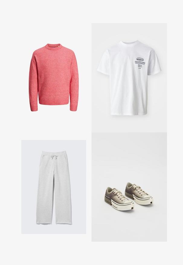 Soft pink crew neck sweater with long sleeves and ribbed cuffs and hem, displayed on white background.; White cotton t-shirt with short sleeves, round neck, and a graphic print featuring the text "Carhartt WIP" and a food illustration on the chest.; Light gray sweatpants made of soft fabric, featuring an elastic waistband with a drawstring and side pockets. Loose, straight-leg design.; Low-top sneakers made of textured grey and beige materials, featuring white rubber soles, laces, and branded accents on the side.
