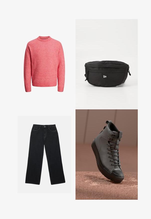 Maglione rosa chiaro a girocollo con maniche lunghe e polsini e orlo a costine, esposto su sfondo bianco.; I pantaloni larghi in denim nero presentano una vita alta, tasche frontali e cuciture a contrasto. Il tessuto ha una finitura liscia e leggermente testurizzata.; Sneaker alta in pelle grigia con finitura testurizzata, punta in gomma nera e lacci grigi. Presenta una linguetta sul tallone.; Marsupio nero realizzato in nylon; dotato di una tasca con zip frontale, strap regolabile e una patch con logo. Forma arrotondata con una texture liscia.