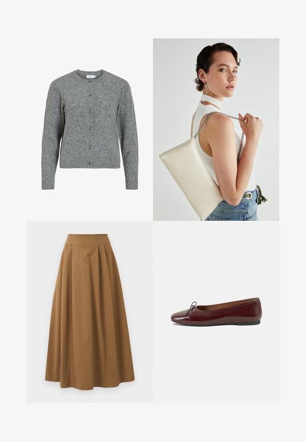 Gray wool cardigan featuring a round neck, long sleeves, and six decorative silver-tone buttons down the front. Soft texture, minimal design.; Brown cotton A-line skirt with a high waist, featuring pleats down the front and a smooth texture. Hem finishes are clean and simple.; Burgundy patent leather ballet flat with a rounded toe, small bow accent at the front, and a low, black rubber sole. Smooth texture.; White rectangular clutch bag made of glossy material, featuring a silver chain strap. Model poses, showcasing the bag against a plain background.
