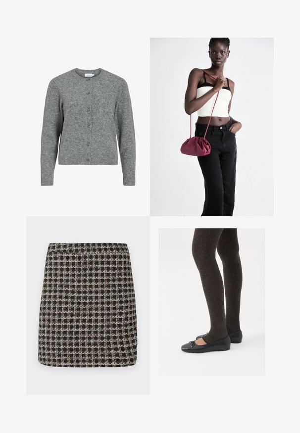 Szürke gyapjú kardigán kerek nyakkal, hosszú ujjakkal és hat díszes ezüstszínű gombbal az elején. Puha tapintású, minimalista dizájn.; Fekete és bézs kockás mini szoknya texturált szövettel és sima derékrésszel, struktúrált fazonnal és egyszerű dizájnnal.; Fekete lapos cipők kis masni díszítéssel az orrán, sötétbarna bordázott harisnyával párosítva. A cipők sima textúrával és alacsony profilúak.; Burgundy puha anyagú kézitáska, ráncolt dizájnnal és hosszú pánttal, keresztben hordva. A modellen fehér rövid top és fekete farmer van.