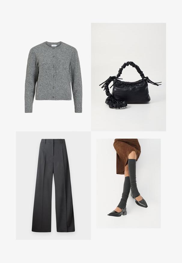 Pelēks vilnas kardigans ar apaļu kaklu, garām piedurknēm un sešām dekoratīvām sudraba krāsas pogām priekšpusē. Mīksta tekstūra, minimālisma dizains.; Platās kājas bikses tumši pelēkā audumā, ar augstu jostasvietu, ar vienu uzpūstu vīli un gludu tekstūru ar tīru apdari ap malām.; Melnas laka ādas apavi ar norādītu purngalu, blokveida papēdi un potīšu jostu, saskaņoti ar pelēkām ribotām kāju sildītājām un brūnu zamšādas svārku.; Melnā mākslīgās ādas rokassoma ar krokodila rakstu, savilkta augšdaļa un saburzīta siksna. Izskatās mīksta un kompakta pēc dizaina.