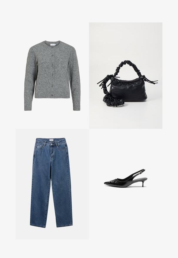 Gray wool cardigan featuring a round neck, long sleeves, and six decorative silver-tone buttons down the front. Soft texture, minimal design.; Classic blue denim jeans with a straight-leg design, five pockets, and a button closure. Features a medium wash and sturdy texture.; Black leather slingback heels with a pointed toe, small kitten heel, and a decorative knot detail on the front. Smooth texture throughout.; Black faux leather handbag with a crocodile texture, cinched top, and a scrunched strap. Appears soft and compact in design.