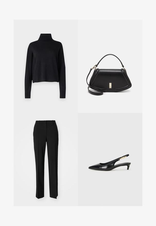 Samsøe Samsøe NOLA TURTLENECK - Maglione - black; Pantaloni neri su misura con un design a gamba dritta, caratterizzati da una texture liscia e pieghe ben definite sul davanti. Senza hardware visibile.; Tacchi slingback in pelle nera con punta affusolata, caratterizzati da un tacco alto e un accento dorato sulla cinghia regolabile. Texture liscia.; Borsa a mano in pelle nera con un design strutturato, caratterizzata da una forma corta, manico superiore e accessori in metallo dorato. Inclusa tracolla regolabile.