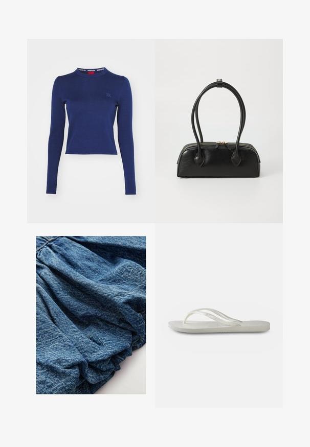 HUGO SCALLIA - Pulóver - dark blue; Sötétkék árnyalatú farmeranyag, amelynek gyűrt textúrája puha redőket alakít ki. Simább felület finom színváltozásokkal.; Fehér flip-flop, textúrált talppal, vékony pántokkal és lapos kialakítással. Gumi anyagból készült, finom logóval a talprészén.; Fekete bőr kézitáska, két hosszúkás fogantyúval, cipzáras záródással és kerek formával; sima textúra, enyhén fényes felülettel.