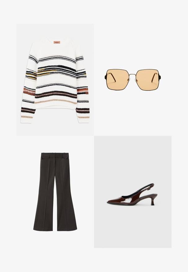 Cremfarbener Pullover mit horizontalen Streifen in Schwarz, Gold, Orange und Braun. Hergestellt aus einem weichen, strukturierten Strick mit Rundhalsausschnitt.; Schwarze, weit geschnittene Hosen mit hoher Taille; verfügt über zwei Fronttaschen und eine glatte Stoffoberfläche. Geeignet für verschiedene Anlässe.; Braune Lackleder-Slingback-Schuhe mit spitzer Zehe und moderatem Absatz. Mit einem Schnallenriemen für einen sicheren Sitz. Glatte Textur.; Quadratische Sonnenbrillen mit braunen Gläsern und einem dünnen schwarzen Metallrahmen. Verfügt über schräg gestaltete Bügel und verstellbare Nasenpads für zusätzlichen Komfort.; Schwarze Lederhandtasche mit zwei Schulterriemen, rechteckiger Form und minimalistischem Design auf weißem Hintergrund.