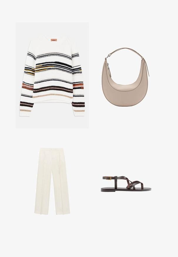 Maglione crema con righe orizzontali in nero, oro, arancione e marrone. Realizzato in un morbido filato testurizzato con scollo rotondo.; Pantaloni a gamba larga di un leggero colore crema. Realizzati in un tessuto morbido con pieghe sul davanti e tasche laterali.; Sandal in pelle marrone con cinturini incrociati, chiusura con cinturino alla caviglia e suola piatta con dettagli di cucitura minimi.; Borsa a spalla in pelle beige con forma a mezzaluna, texture liscia e un'unica maniglia curva. Presenta una chiusura con zip e cuciture curate.