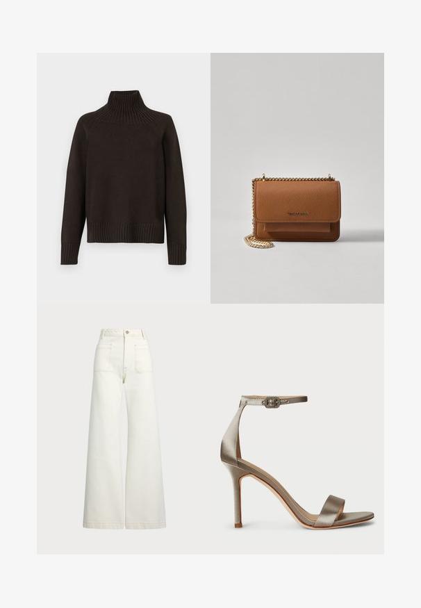 Schwarzer, gestrickter Rollkragenpullover mit gerippten Akzenten am Kragen, an den Bündchen und am Saum; hat eine lockere Passform und eine strukturierte Oberfläche.; Weite Jeans aus off-white Denim. Hoch tailliertes Design mit Knopfverschluss, zwei Fronttaschen und kontrastierenden Stickdetails.; Satin High Heel Sandale in Silber mit Fußgelenkriemen und dekorativer Schnalle. Offene Zehen und schlankes, elegantes Design.; Braune strukturierte Ledertasche mit goldener Kettenriemen und Klappenverschluss. Die Vorderseite zeigt ein Logo-Detail und eine Tasche unter der Klappe.