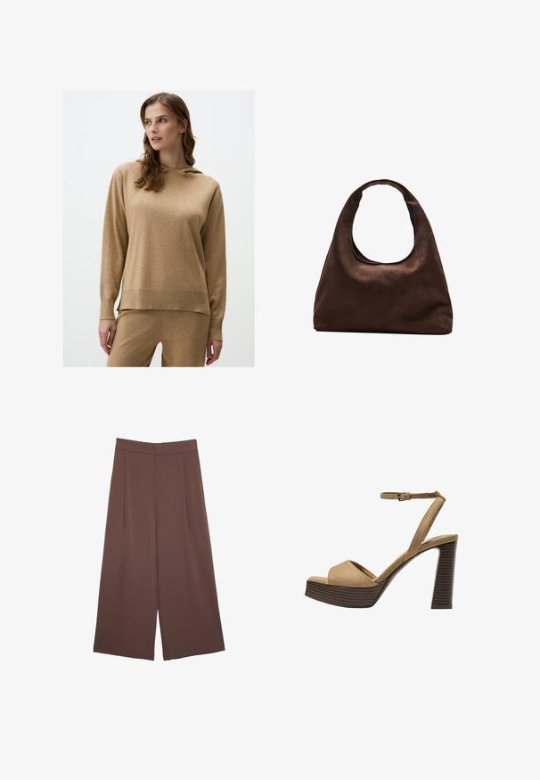 Brown hoodie made of soft, textured fabric. Features a drawstring hood, long sleeves, and ribbed cuffs. Simple, casual design.; Brown wide-leg trousers with a smooth texture, featuring a high waist and front pleats. The fabric is lightweight and flows loosely.; Beige suede high-heeled sandals with a wide front strap and ankle strap, featuring a chunky wooden block heel with a textured finish.; Soft brown hobo-style handbag with a single wide strap and a curved top handle opening, displayed on a white background.