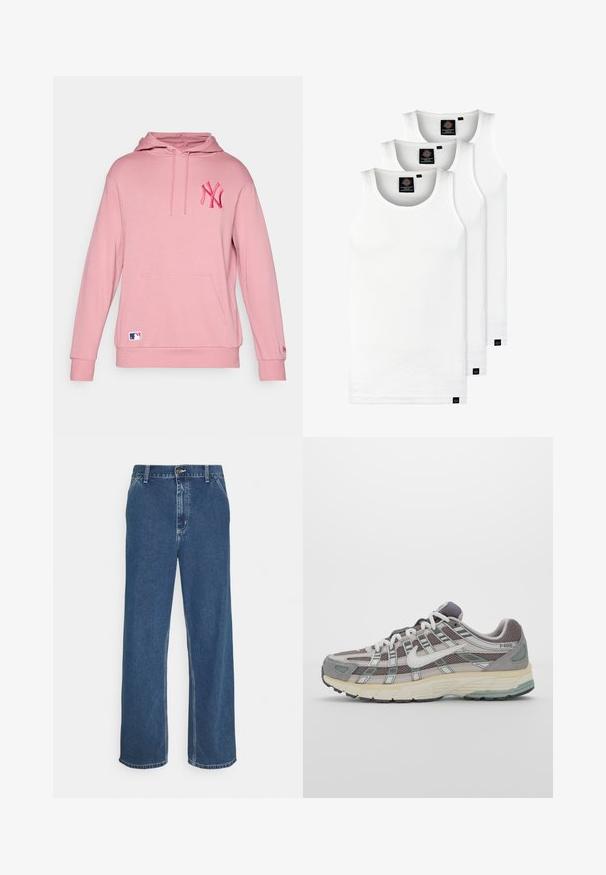 Hanorac roz cu buzunar tip cangur și manșete striate, având un logo brodat NY pe piept și un mic etichetă cu logo MLB în partea de jos.; Trei maieuri albe ribbate din bumbac. Au un guler rotund și etichete negre mici lângă tiv. Disponibile în mai multe mărimi.; Jeans din denim albastru cu o croială dreaptă, design cu cinci buzunare, sistem de închidere cu nasture metalic și cusături vizibile de-a lungul cusăturilor și a tivului.; Pantofii sport gri sunt realizați dintr-un amestec de plasă și piele întoarsă, cu accente albe, o talpă bine îmbrăcată și un design distinctiv cu elemente reflectorizante.