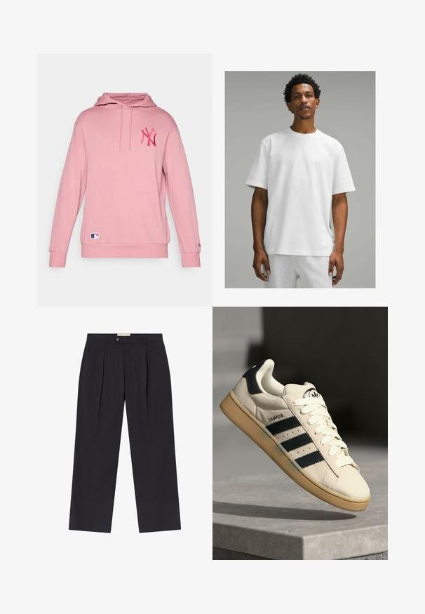 Felpa rosa con tasca a canguro e polsini a coste, caratterizzata da un logo NY ricamato sul petto e un piccolo tag con il logo MLB in basso.; T-shirt bianco in cotone a maniche corte, collo rotondo, vestibilità rilassata. Texture liscia, design semplice, senza motivi o accenti visibili.; Pantaloni scuri navy su misura con vita alta, due pieghe frontali, chiusura con bottone e gamba dritta in tessuto liscio.; Sneaker in suede beige con tre strisce blu scuro, lacci bianchi e suola in gomma beige. Presenta un logo sulla linguetta e il testo "CAMPUS".