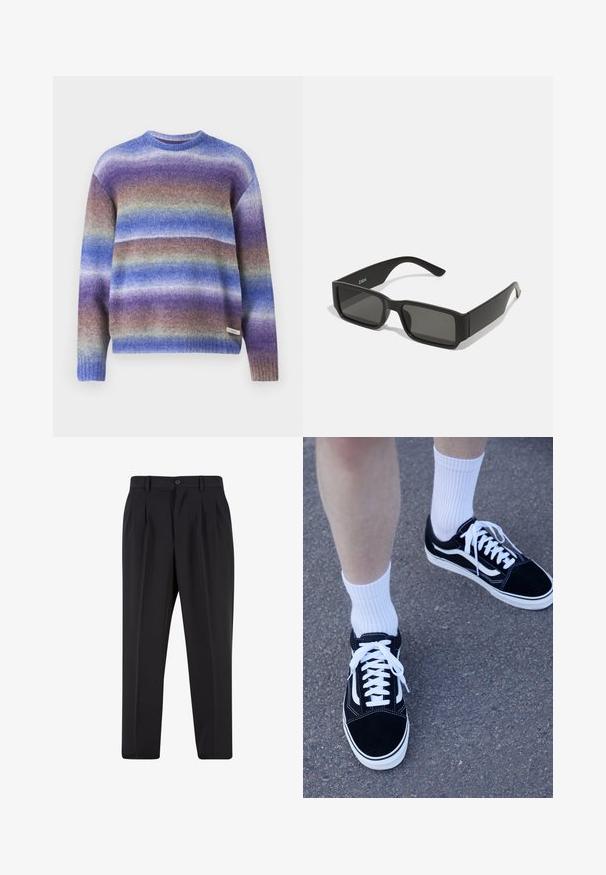 Maglione in lana con collo a giro e maniche lunghe, caratterizzato da un motivo ombre graduale nei toni di viola, blu e verde. Polsini a coste.; Pantaloni neri con design a pieghe sul davanti, realizzati in tessuto morbido. Presentano una chiusura con bottone e passanti per cintura; vestibilità a gamba dritta.; Sneaker in suede nera con dettagli e lacci bianchi, abbinate a calze corte bianche a coste, posizionate su una superficie grigia texturizzata.; Occhiali da sole neri con lenti rettangolari, montatura in plastica opaca e bordi dritti. Presentano il logo del marchio sulla parte interna del braccio.