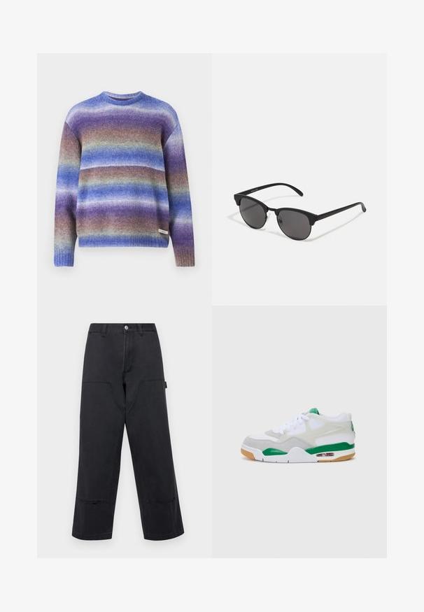 Wełniany sweter z okrągłym dekoltem i długimi rękawami, z stopniowym ombre w odcieniach fioletu, niebieskiego i zielonego. Rękawy zakończone ściągaczem.; Czarne szerokie spodnie w stylu dżinsowym z dużymi przednimi kieszeniami, prostym krojem i kontrastowym przeszyciem. Posiadają metalowy zamek.; Białe sneakersy z szarymi zamszowymi akcentami, zielonymi detalami, widoczną jednostką powietrzną i gumową podeszwą. Posiadają sznurowany fason i wyściółkę w kołnierzu.; Czarne okulary przeciwsłoneczne z okrągłymi soczewkami, matowym wykończeniem i charakterystycznym kształtem kota. Smukłe ramiona z subtelnym logo na lewym skroniu.