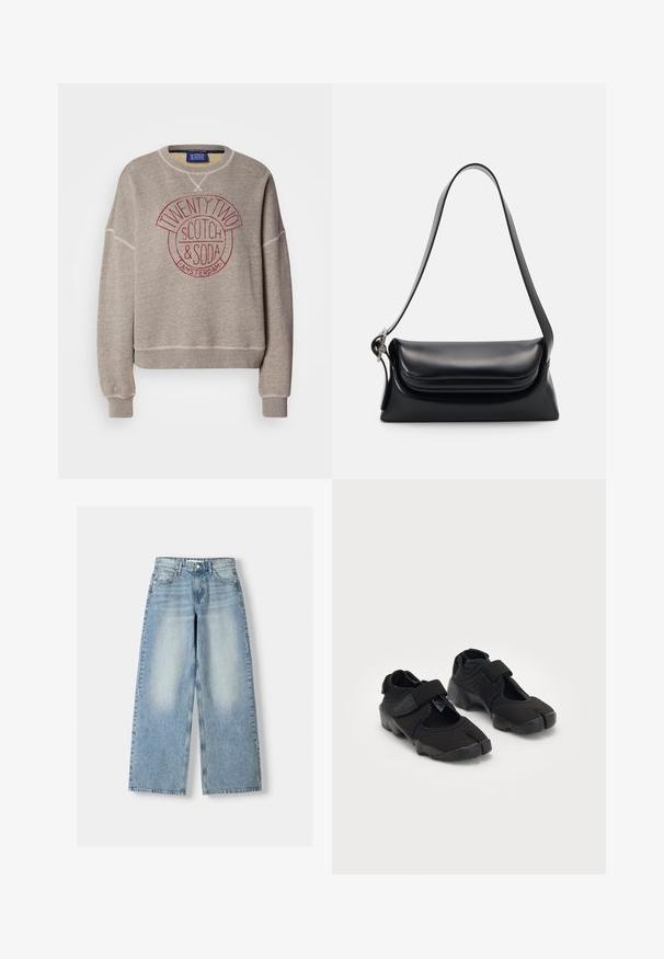Grijze sweatshirt van zacht materiaal met een ronde hals. Bevat een cirkelvormige rode print met de tekst "TWENTY TWO SCOTCH & SODA AMSTERDAM." Geribbelde manchetten.; Lichtblauwe denim wijde jeans met een hoge taille, met een vervaagde afwerking, vijf zakken en een rechte cut.; Zwarte waterschoenen gemaakt van flexibel materiaal met een klittenbandsluiting, met een unieke gesplitste te ontwerpen en een rubberen zool met textuur voor grip.; Zwarte leren handtas met een gestructureerde vorm, een gladde textuur en een enkele schouderband. Heeft een subtiele, afgeronde klepontwerp.
