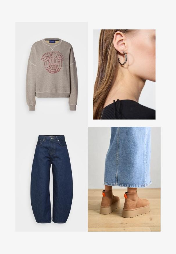 Sweatshirt gris en tissu doux avec un col rond. Présente une impression circulaire rouge indiquant "TWENTY TWO SCOTCH & SODA AMSTERDAM." Manches à bords côtelés.; Jean en denim bleu foncé avec une coupe large et décontractée. Comprend une braguette zippée, quatre poches et des coutures contrastantes le long des coutures.; Bottes en suède brun à plateforme avec des panneaux latéraux élastiques et des languettes orange, associées à une jupe en denim clair arrivant au genou sur un sol en bois.; Boucle d'oreille en argent avec une finition polie, présentant de petits détails en or et de forme ronde, portée sur le lobe.