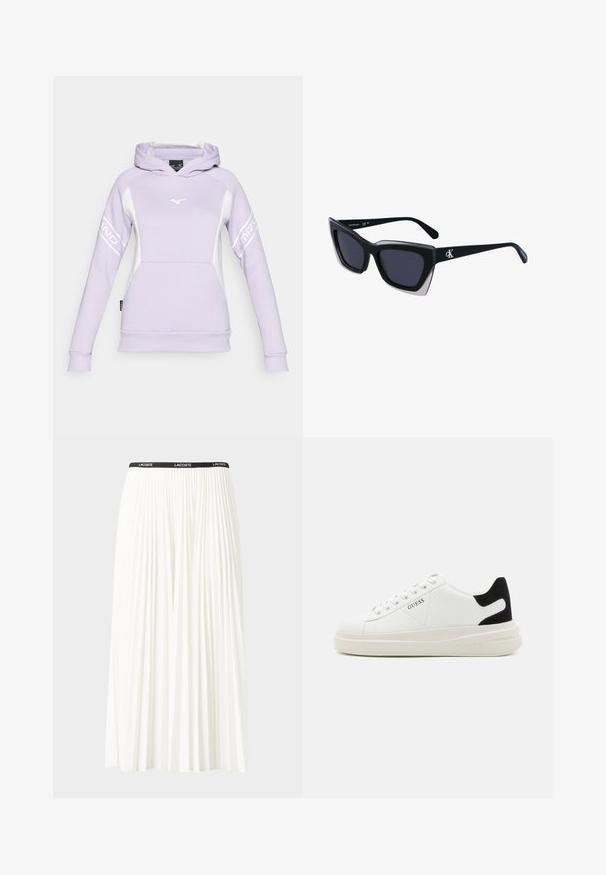 Lilla hettegenser laget av myk stoff, med hvite accenter, en frontlomme og en logo på brystet og ermene. Justerbar hette.; Plissert hvit skjørt med en svart elastisk midje som har "LACOSTE"-logoen. Midjelengde design med myk tekstur.; Hvite lær sneakers med tykk hvit såle, svart semsket hælforsterkning og preget logo på siden. Snøresystem med seks hull.; Store svarte solbriller i overdimensjonert størrelse med geometrisk form, med mørke linser og en kontrasterende grå detalj på rammen. Logo på armen.