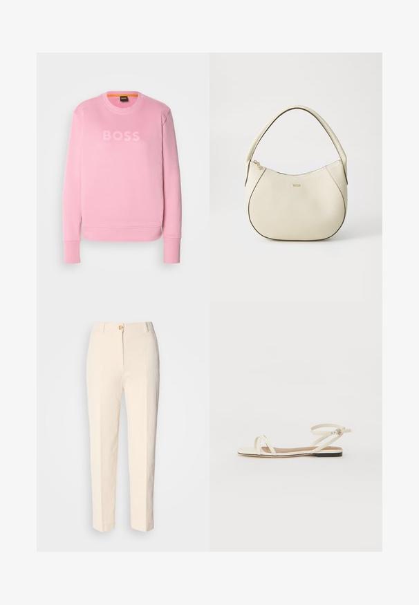 Rozā sporta krekls ar apaļu apkakli, ribotām piedurknēm un apakšējo malu. Centra daļā ir "BOSS" logotips gaišākā tonī. Mīksta auduma tekstūra.; Krēma krāsas augstākā jostas līmeņa bikses, izgatavotas no teksturēta auduma. Tām ir aizdare priekšā ar pogu un sašaurināti kājām.; Kremkrāsas ādas plakanas sandalēs ar plānām krusteniskām siksnām, potītes siksna ar sprādzi, minimālistisks dizains un kontrastējoša melna zole.; Krēmkrāsas rokassoma ar teksturētu virsmu, izliekta forma, īss rokturis un zelta tonī logo detaļa. Vāciņš ar rāvējslēdzēju augšpusē.