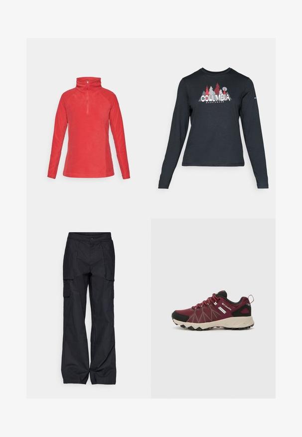 Rød fleece-pullover med høy krage, halv glidelås foran, lange raglan-ermer, glatt tekstur og enkelt design. Ingen mønstre eller aksenter.; Langermet mørkegrå skjorte med grafikk av røde trær og fjell; "COLUMBIA" logo i fet hvit tekst. Mykt stoff, standard rund hals.; Columbia BREA FALLS™ COTTON RIPSTOP PANT - Friluftsbukser - black; Columbia PEAKFREAK™ II OUTDRY™ - Fjellsko - deep madeira/white peach