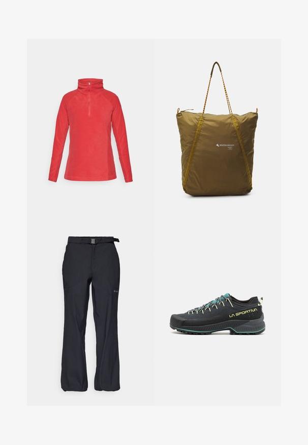 Röd fleecepullover med hög krage, halvdragkedja framtill, långa raglansärmar, slät textur och enkelt design. Inga mönster eller detaljer.; Svarta utomhusbyxor med lättviktsmaterial, justerbart midjeband med bälte och två framfickor. Designade för komfort och funktion.; Svart vandringssko med teal- och gula detaljer. Har en texturerad övre del, en vadderad sula och en slitstark gummi yttersula för bra grepp.; Olivgrön, tålig nylon shoppingväska med en texturerad yta, med ett dragkedjestängning, kontrasterande gula detaljer och flätade handtag.