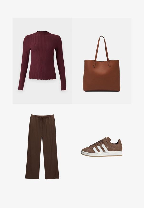 Burgunderfarbener Langarm-Top, gerippte Textur, hoher Kragen mit gewelltem Rand, taillierte Form, weicher Stoff und leicht gekürzter Saum.; Braune weite Hosen aus weichem Stoff, mit einem elastischen Bund und Kordelzug sowie zwei Seitentaschen.; Braune Wildledersneaker mit weißen Lederstreifen, Gummisohle, gerundetem Zehenbereich und Schnürung. Mit einem Logo auf der Zunge und perforierten Akzenten.; Braune Leder-Tote mit glatter Textur, offenem Oberteil und zwei Schulterriemen. Verfügt über minimale Nähte und keine sichtbaren Beschläge.
