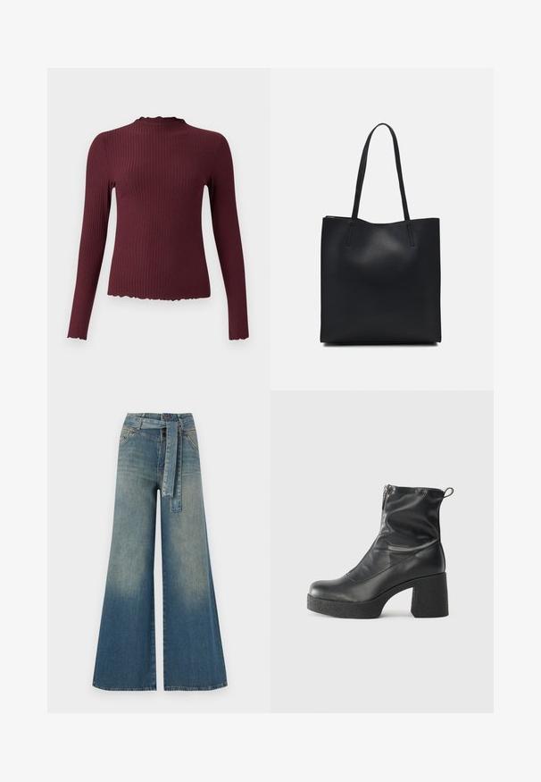 Burgundská dlouhá halenka s rukávy, ribbená textura, vysoký límec se zdobeným okrajem, přiléhavý střih, měkká látka a mírně zkrácený lem.; Džínové kalhoty širokého střihu s přechodem od světlé k tmavě modré, vysokým pasem, poutky na opasek a odpovídajícím opaskem ze stejného materiálu. Texturovaná džínovina.; Černé kotníkové boty vyrobené z hladké kůže, s bočním zipem, robustním strukturovaným podpatkem a kulatou špičkou.; Černá kožená taška přes rameno s hladkým povrchem, obdélníkovým tvarem a dvěma dlouhými uchy. Žádné viditelné kování ani ozdoby.