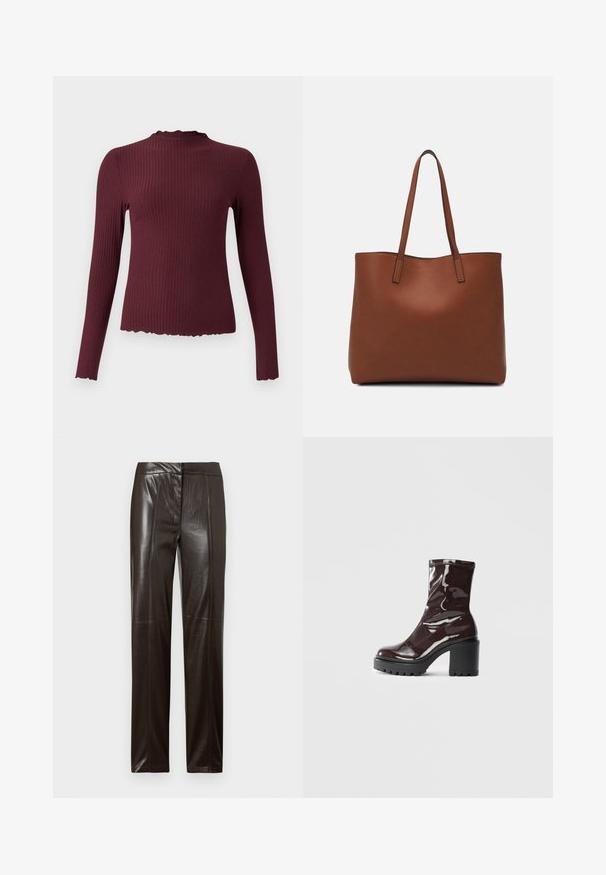 Burgunderfarbener Langarm-Top, gerippte Textur, hoher Kragen mit gewelltem Rand, taillierte Form, weicher Stoff und leicht gekürzter Saum.; Dunkelbraune gerade geschnittene Lederhosen mit glatter Oberfläche und dezenten Nahtdetails an der Vorderseite.; Glatte bordeauxrote Ankle Boots mit einem klobigen schwarzen Absatz, die eine glatte Oberfläche und ein einfaches Design aufweisen. Keine sichtbaren Verschlüsse oder Muster.; Braune Leder-Tote mit glatter Textur, offenem Oberteil und zwei Schulterriemen. Verfügt über minimale Nähte und keine sichtbaren Beschläge.