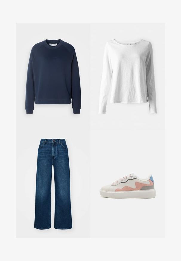 Navy blue sweatshirt with long raglan sleeves, round neckline, and ribbed cuffs. Textured fabric and subtle logo on the front.; Long-sleeve white T-shirt in soft, lightweight fabric; features a round neck and slightly relaxed fit; tag visible on the side.; High-waisted, wide-leg jeans in dark blue denim with a smooth texture, contrast stitching, and five-pocket design. Front button closure.; Low-top sneakers with a white synthetic upper, pink and gray suede accents, textured white rubber sole, and colorful laces.