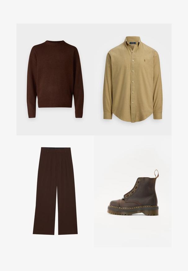 Brun, strikket sweater med rund halsudskæring, lange ærmer og ribbet manchetter. Materialet er tekstureret og har et blødt udseende.; Lysebrun langærmet skjorte med knapper og krave, lavet af et tekstureret stof. Har et lille logo på brystet.; Brune bredbenede bukser med plisseringer. Lavet af et glat stof, der har en skræddersyet talje og sidelommer. Flad kant nederst.; Brun læder ankelstøvle med rund tå, kontrasterende gul syning, dekorative metaløjer og en ribbet gummisål.