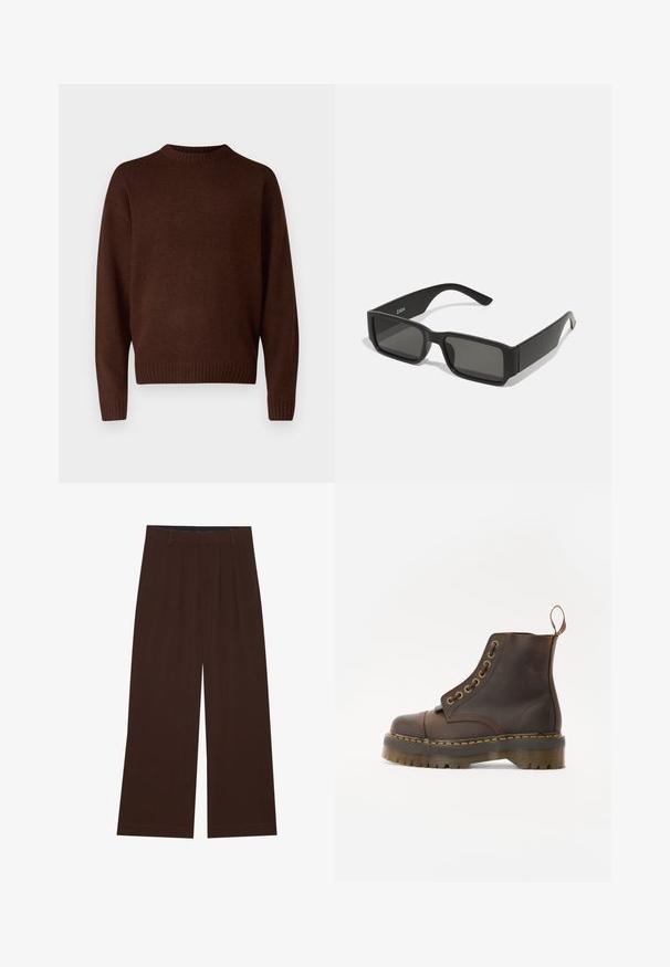 Brown knit sweater with a round neckline, long sleeves, and ribbed cuffs. The material is textured, offering a soft appearance.; Brown wide-leg trousers with pleats. Made of a smooth fabric, featuring a tailored waistband and side pockets. Flat hem at the bottom.; Brown leather ankle boot with a round toe, contrasting yellow stitching, decorative metal eyelets, and a grooved rubber sole.; Black sunglasses with rectangular lenses, matte plastic frame, and straight edges. Features brand logo on the inner arm.