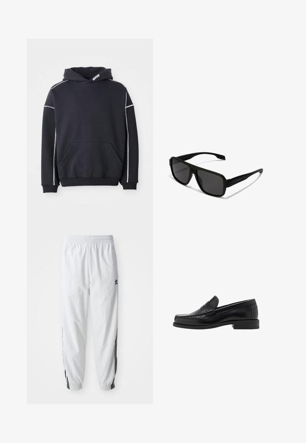 Čierna mikina s kapucňou vyrobená z teplákoviny, má predné vrecko a reflexné biele švy pozdĺž rukávov a kapucne.; Biele športové nohavice s čiernymi bočnými pruhmi, elastickým pásom a manžetami; na ľavom stehne je logo Adidas. Hladká textúra látky.; Čierne kožené loafers s hladkým povrchom, prešívané detaily na špičke a nízky dizajn podpätku pre pohodlie a štýl.; Hawkers PARLAY - Slnečné okuliare - black