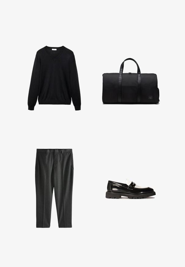Czarny sweter w serek wykonany z miękkiego materiału, z długimi rękawami, ściągaczami na mankietach i u dołu, o luźnym kroju i minimalistycznym wzornictwie.; Next REGULAR FIT szary; Czarne lakierowane mokasyny z białym skórzanym akcentem, grubą czarną gumową podeszwą z bieżnikiem i przeszywanymi detalami. Gładka tekstura o połyskującym wykończeniu.; Czarna torba sportowa wykonana z wytrzymałego materiału, z gładkimi skórzanymi uchwytami, cylindrycznym kształtem, widocznym zamkiem błyskawicznym i małą metką z logo z przodu.