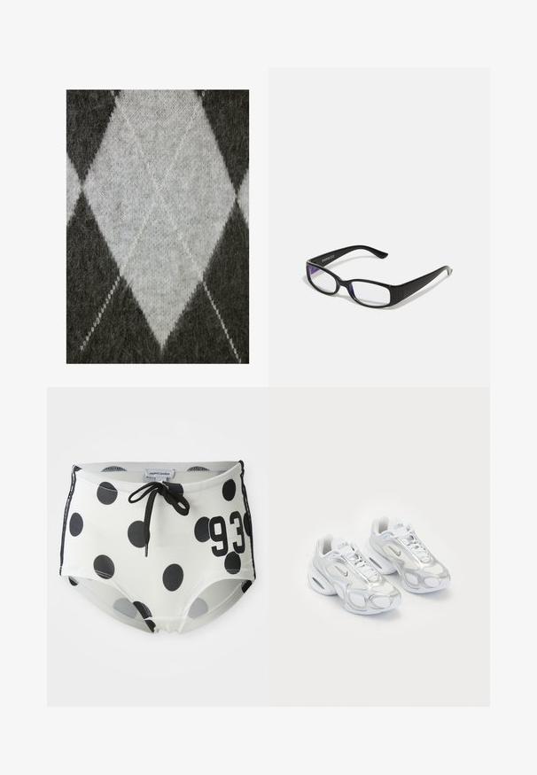 Knit fabric in gray with a light gray diamond pattern. Soft texture with a slightly fuzzy appearance and contrasting white stitching.; Black and white polka dot swim shorts with a drawstring waistband, featuring the number "93" on the front and a smooth, stretchy fabric.; White athletic shoes featuring a mesh upper with silver accents, a unique shape, and air cushioning in the heel. Laced design with logo.; Black rectangular glasses with clear lenses. Glossy finish, narrow arms, and purple tint visible at the edges of the lenses.