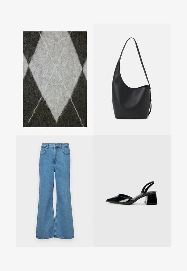 Tessut tricotat de culoare gri, cu un model de diamante în gri deschis. Textură moale, cu un aspect ușor pufos și cusături albe contrastante.; Jeanși evazați de culoare albastru deschis, din denim, cu talie înaltă, cinci buzunare și închidere cu un singur buton. Textură moale cu un finisaj decolorat.; Pantofi cu toc slingback din piele lacuită neagră, cu vârf ascuțit și toc geometric. Prezintă un design elegant, minimalist și o textură netedă.; Geantă hobo din piele neagră, cu o textură netedă, formă curbată și un singur bretele ajustabil; are o deschidere largă în partea de sus.