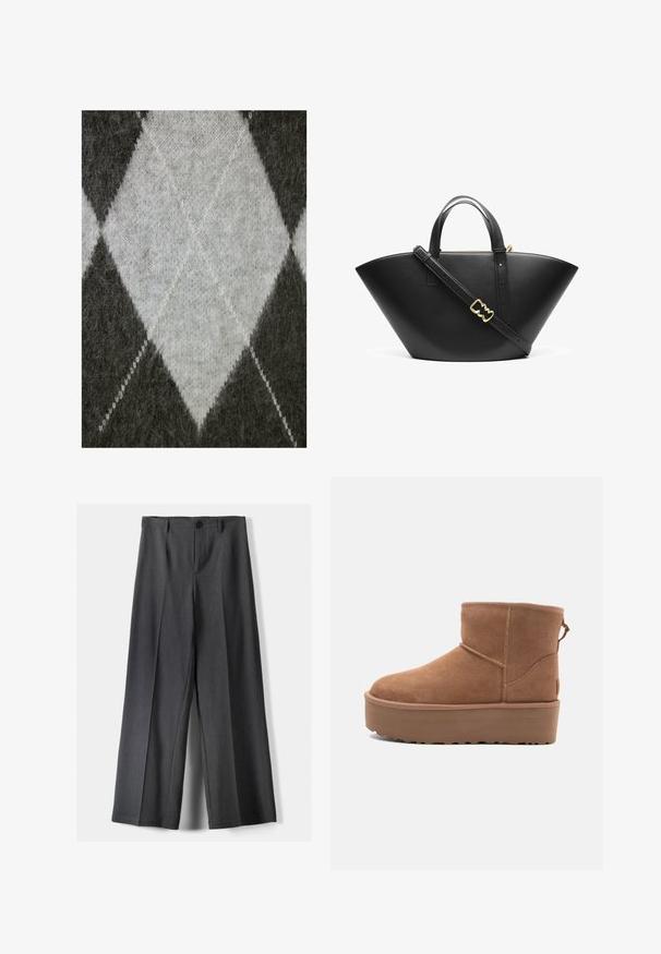Tessut tricotat de culoare gri, cu un model de diamante în gri deschis. Textură moale, cu un aspect ușor pufos și cusături albe contrastante.; Pantaloni evazați din țesătură gri închis, cu închidere cu buton, pliseuri frontale și curea. Textură netedă cu un design ajustat.; Botine din suede de culoare bej, cu talpă platformă, vârf rotund și detalii de cusătură; dispune de un mânere la spate pentru a fi ușor de încălțat.; Geantă tote din piele neagră cu o formă largă și unghiulară. Dispune de două mânere superioare și o curea de umăr reglabilă, cu un accent de metal de culoare aurie.