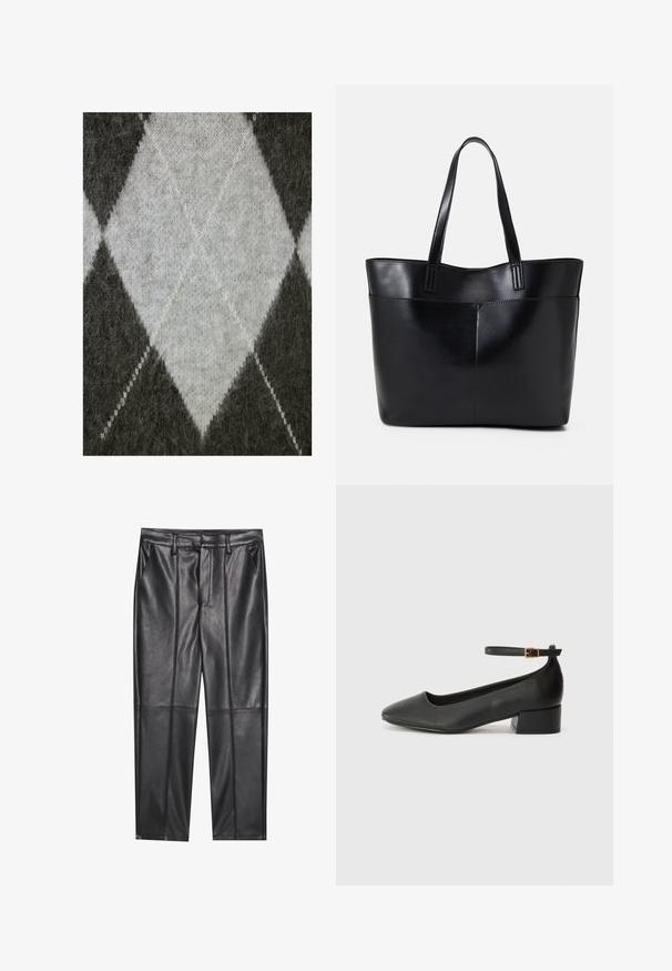 Hallatud hall kangas, millel on helehall rombikujuline muster. Pehme tekstuur kerge tupeerimisega ja kontrastse valge õmblusega.; Mustad nahkpüksid sileda tekstuuriga, sirge lõikega, kahe eesmine taskuga ja nähtavate õmblusteta.; Must mustaapp, millel on terav nina ja madal blokk-kand. Omab pahkluu rihma koos kuldse tooni pandlaga. Sile tekstuur.; Must mustaga musta nahast, millel on kaks pikka kanda, sile tekstuur ja struktureeritud kuju. Esipoolsel on lisakoti jaoks tasku.