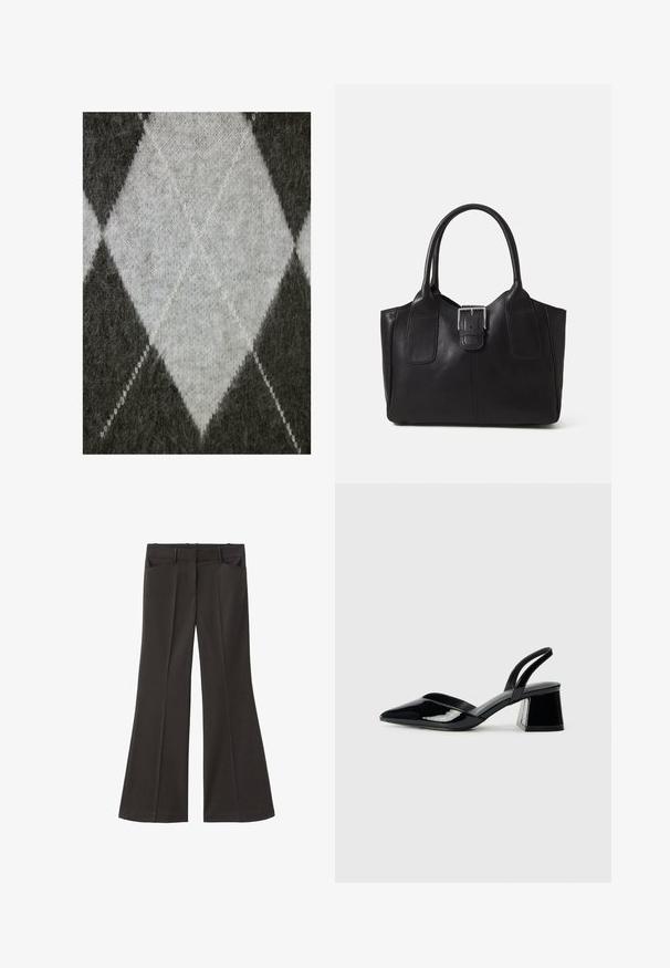 Dzianina w kolorze szarym z jasnoszarym wzorem w romby. Miękka tekstura z nieco puszystym wyglądem i kontrastującymi białymi ściegami.; Czarne spodnie z szerokimi nogawkami i wysokim stanem; posiadają dwie przednie kieszenie oraz gładką teksturę materiału. Idealne na różne okazje.; Czarne lakierowane półbuty na obcasie z wydłużonym noskiem i geometrycznym słupkiem. Charakteryzują się eleganckim, minimalistycznym designem oraz gładką fakturą.; Czarna skórzana torba tote o gładkiej fakturze, usztywnionym kształcie, dwóch uchwytach oraz wyraźnym srebrnym zapięciu na przodzie.