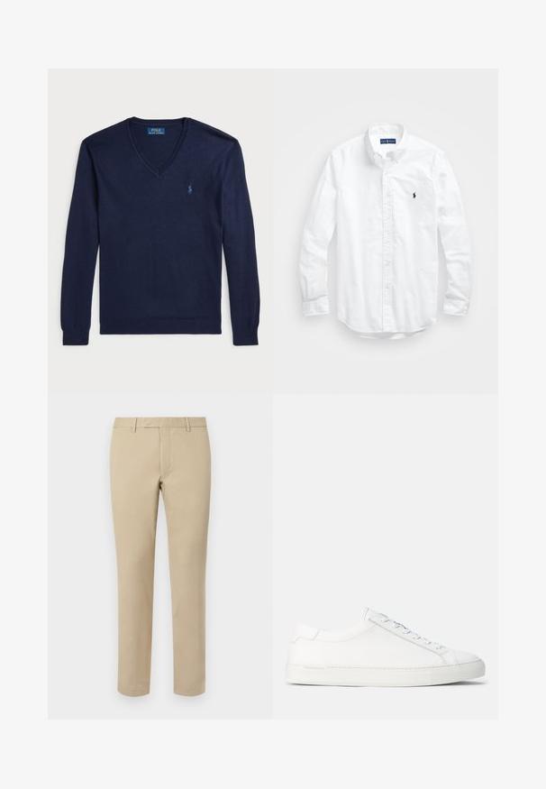 Sötétkék, V nyakú pulóver puha kötött anyagból. Hosszú ujjak és hímzett logó található a bal mellen. Klasszikus dizájn.; Fehér, hosszú ujjú, gombos férfiing pamutból. Klasszikus gallérral, gombos mandzsettával és egy kis sötétkék hímzett logóval a mellrészen.; Beige vászon nadrág egyenes szabással, övhurkokkal, lapos elülső résszel és kifinomult szegésekkel. Simább textúra és minimális részletezés.; Fehér bőr sportcipő sima felülettel, lekerekített formával, lapos gumitalppal és fehér fűzőkkel. Minimalista dizájnnal és diszkrét márkajelzéssel rendelkezik.