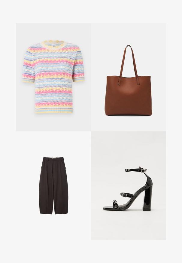 Pleteni pulover s kratkimi rokavi, ki ima večbarvni vzorec z modrimi, roza, rumenimi in smetanastimi črtami. Okrogli izrez in teksturiran končni izgled.; Črne široke hlače iz gladkega materiala, z visokim pasom, zgornjimi pregibi in stranskimi žepi. Preprost dizajn brez okrasnih elementov.; Črne lakirane sandale s peto, kvadratnim prstom, trakovi okrog gležnja in srebrnimi zaponkami. Opremljene so s stabilno Debelo peto.; Rjava usnjena torba z gladko teksturo, odprto zasnovo zgoraj in dvema naramnima trakovoma. Opremljena je z minimalnim šivanjem in brez vidnih kovinskih delov.