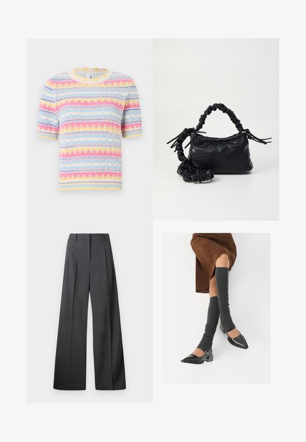Πλεκτό πουλόβερ κοντό μανίκι με πολύχρωμο μοτίβο σε μπλε, ροζ, κίτρινο και κρέμα λωρίδες. Στρογγυλή λαιμόκοψη και υφή.; Φαρδιά παντελόνια από σκούρο γκρι ύφασμα, με ψηλή μέση, μονές πτυχές και λεία υφή με καθαρή τελείωση στις άκρες.; Μαύρες πατεν leather γόβες με αιχμηρή μύτη, τετράγωνη φτέρνα και λουράκι αστραγάλου, συνδυασμένες με γκρι ριγέ ζεστά ποδιές και καφέ σουέντ φούστα.; Μαύρη τσάντα από faux δέρμα με υφή κροκοδείλου, κλειστή στο επάνω μέρος και με ρυτιδωμένο λουρί. Φαίνεται μαλακή και συμπαγής στο σχέδιο.