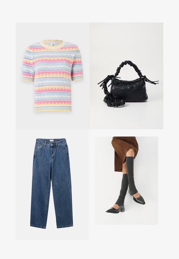 Neule lyhythihainen neulepaita, jossa on monivärinen kuvio sinisestä, vaaleanpunaisesta, keltaisesta ja kermanvärisestä raidasta. Pyöreä kaula-aukko ja teksturoitu pinta.; Classiset siniset farkut suoran lahkeen muotoilulla, viidellä taskulla ja napillakaan. Ominaisuudet: keskivahva pesu ja kestävä rakenne.; Musta lakattu nahkakengät teräväkärkisillä, leveällä kantapäällä ja nilkkahihnalla, yhdistettynä harmaisiin ribattuihin säärystimiin ja ruskeaan mokkasiinimekkoon.; Must-have mustekahvi nahkalaukku krokotiiliaistalla, kiristetty yläosa ja rypistetty hihna. Näyttää pehmeältä ja kompaktilta muotoilultaan.