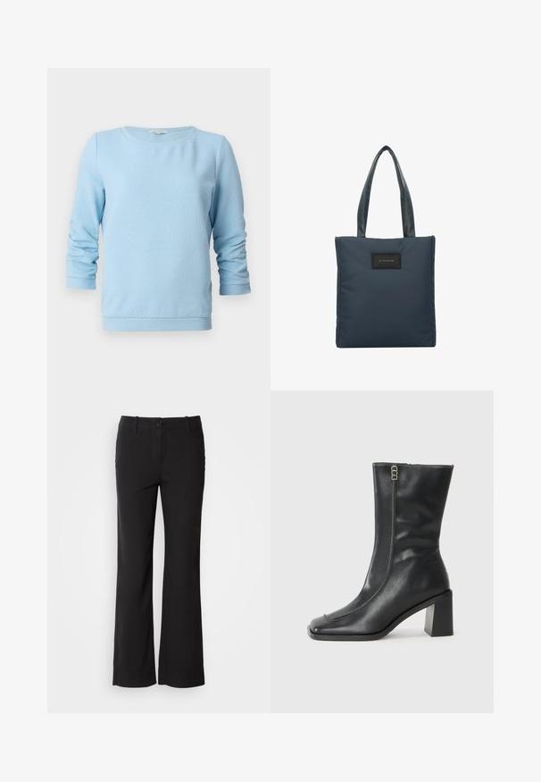 Világos kék texturált kötött pulóver hosszú ujjal, kerek nyakkivágással, bordás mandzsettákkal és aljjal. A dizájn finom méhsejt mintával rendelkezik.; Fekete pamut keverék nadrág egyenes szárú dizájnnal, elülső gombos záródással és két oldalsó zsebbel. Simára kialakított textúra, nincs látható minta.; Fekete bőr bokacsizma négyzetes orral, oldalsó cipzárral és masszív, négyzetes sarkával. Az elején kontrasztos varrás található.; Sötétkék vászontáska sima nylonból, két texturált fogantyúval, és egy fekete téglalap alakú logótéttel az elején.
