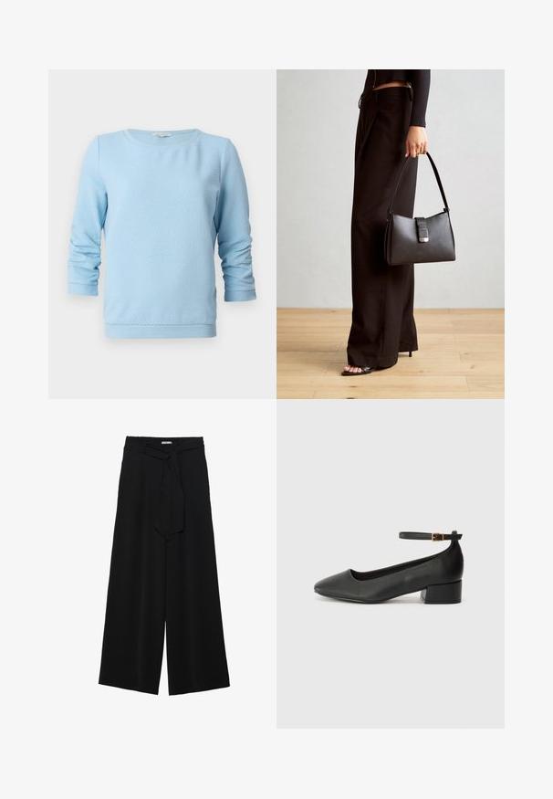 Svijetloplava teksturirana pletena majica s dugim rukavima, okruglim izrezom i rebrastim manžetama i rubom. Dizajn sadrži suptilan uzorak saća.; Crne široke hlače od teksturirane tkanine, s elastičnom pojasom i odvojivim remenom na struku za prilagodivo pristajanje.; Crne kožne pumpe s oštrim vrhom i niskom blok petom. Sadrže remen oko gležnja s zlatnim kopčanjem. Glatka tekstura.; Crna torba s oblikom koji sadrži strukturu, glađu teksturu i metalnu kopču. Uparena s širokim crnim hlačama i sandalama na otvorenom s drvenog poda.