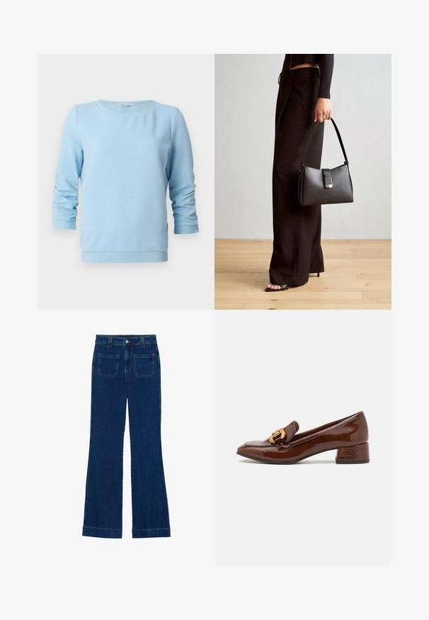 Maglione a maglia testurizzata azzurro chiaro con maniche lunghe, scollo a girocollo e polsini e orlo a coste. Il design presenta un sottile motivo a nido d'ape.; Jeans a zampa d'elefante in denim di colore blu scuro, con una consistenza liscia, design a cinque tasche e chiusura a bottone in vita.; Mocassini in pelle marrone con finitura lucida, caratterizzati da una fibbia dorata decorativa sulla parte anteriore e un tacco basso a blocco. Design classico.; Borsa nera con forma strutturata, texture liscia e una chiusura metallica. Abbinata a pantaloni neri larghi e sandali open-toe su un pavimento in legno.